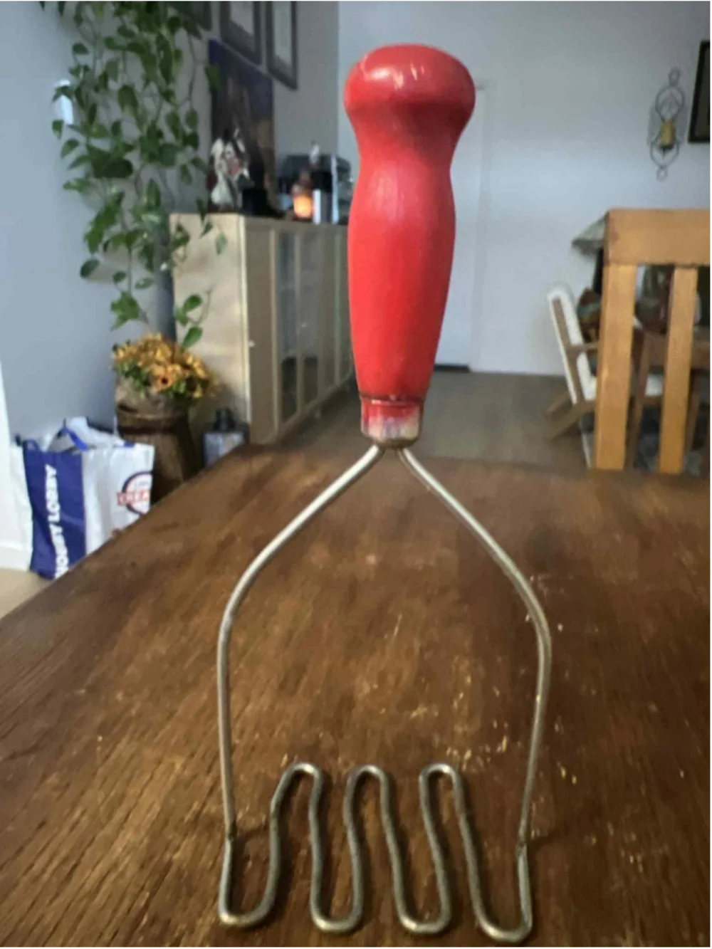 Antique Steel Potato Masher with Wood Chippy Red Painted Handle Primitive Rustic